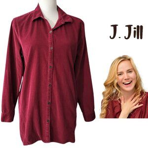 J JILL Corduroy Ruby Red Button Down 100% Cotton Shirt Women's M Petite